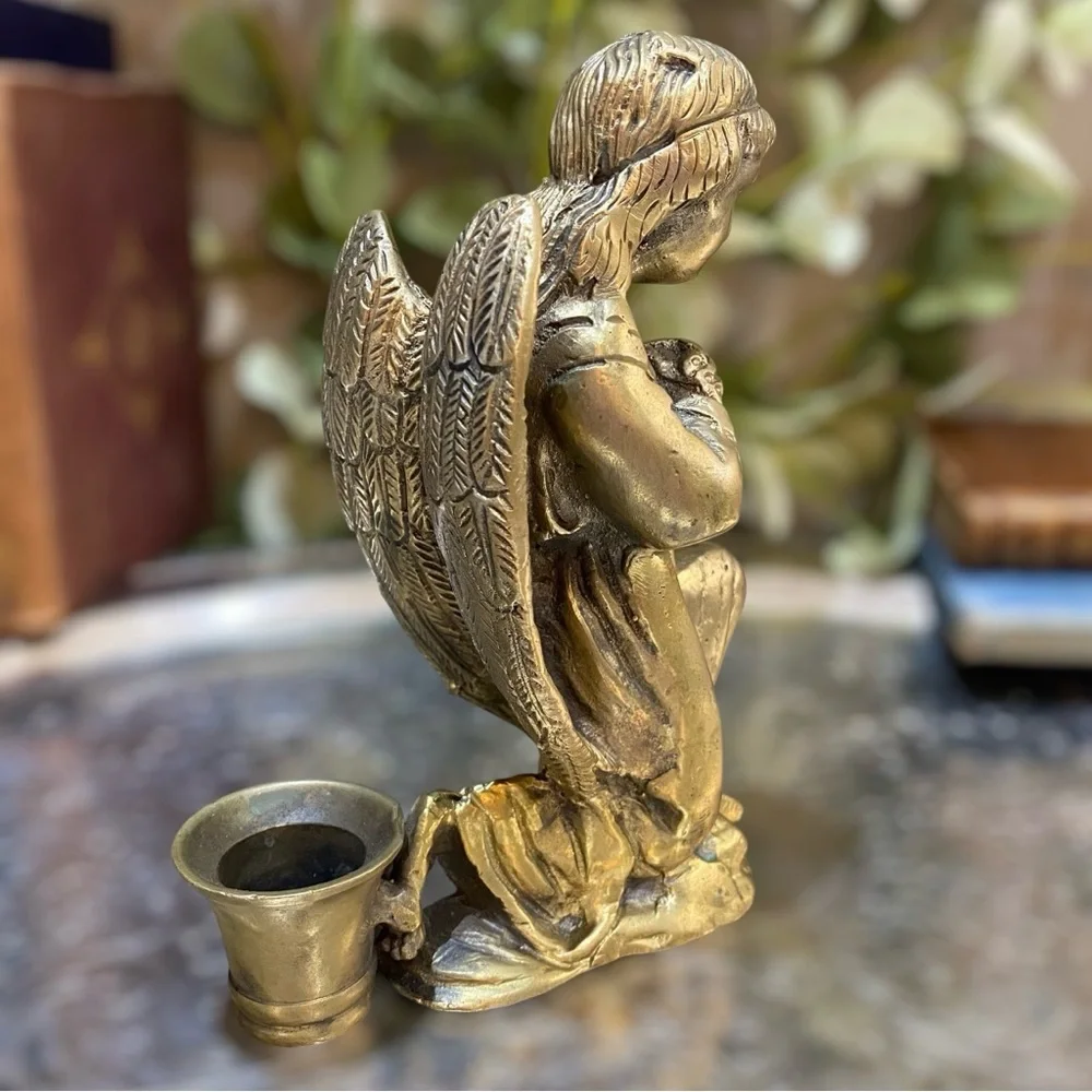 Vintage Brass Angel Candleholder Heavy Cast Metal Candlestick